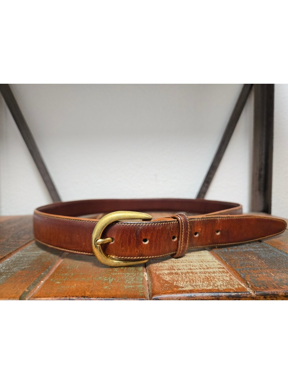Vintage Burberrys Leather Belt Size 34 Brown Solid Brass Buckle Pre-1999 Genuine